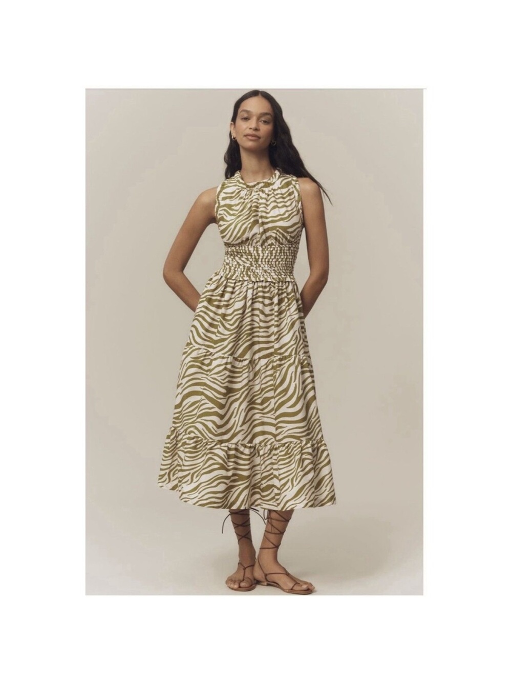 Anthropologie Olive Green and White Zebra-Print Midi Dress Size Small
